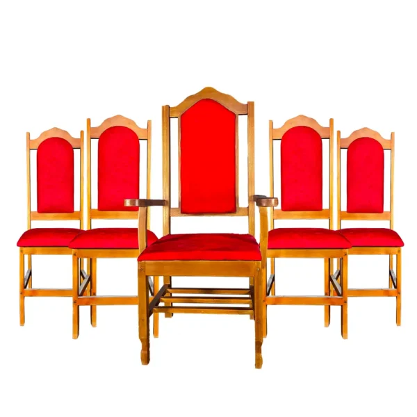 Conjunto 5 Cadeiras Benjamim para Altar de Igreja – Madeira Maciça Envernizada com Tecido Suede