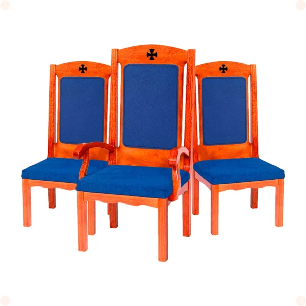 Conjunto 3 Cadeiras Éfeso para Altar de Igreja – Madeira Maciça Envernizada com Tecido Suede