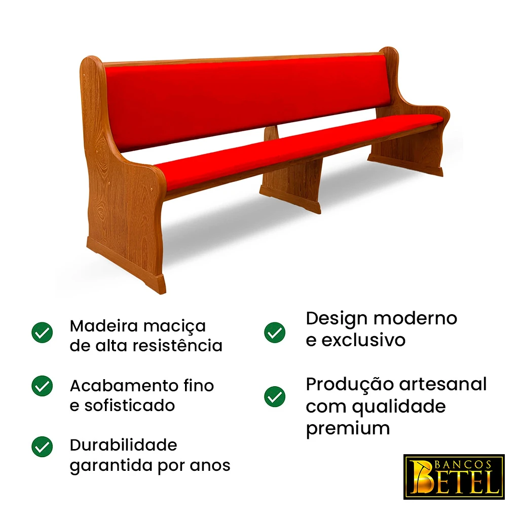 Banco de igreja Benjamim com acabamento premium em verniz PU