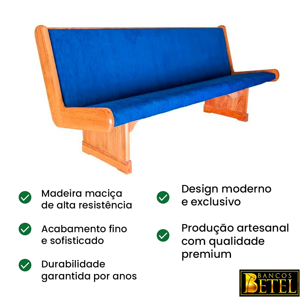 Banco de igreja Ester com acabamento em verniz PU naval