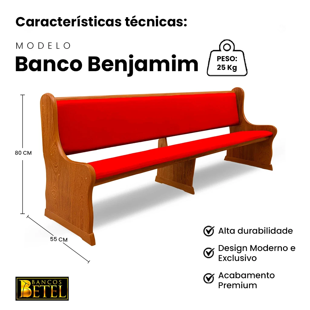 Banco litúrgico Benjamim em madeira maciça artesanal