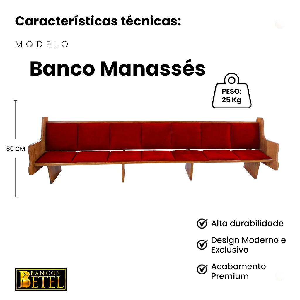 Banco litúrgico Manassés artesanal em madeira maciça