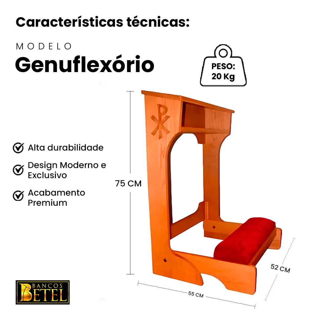 Móvel devocional genuflexório com estrutura robusta em madeira tratada e estofado resistente.