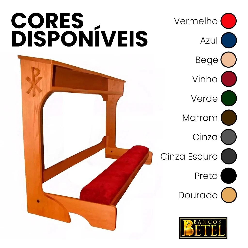 Ajoelhador duplo litúrgico de madeira com apoio estofado para igrejas e capelas.